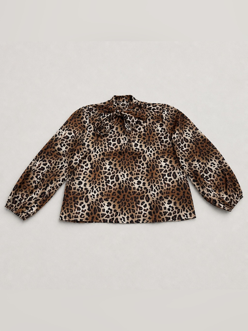 Women’s Leopard Print Neck Bow Tie Blouse Brown Black Cream Size XXL